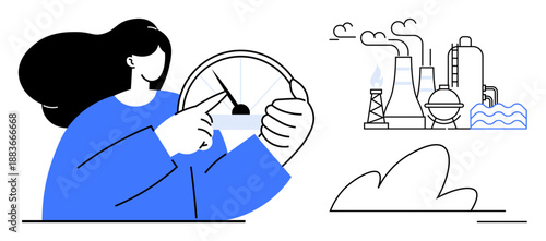 Environmental monitoring, pollution control, air quality awareness, climate change, industry impact, sustainability action. Woman pointing at a gauge near a factory. Environmental monitoring