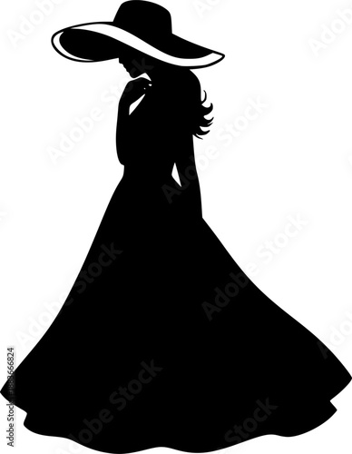 Silhouette of woman in dress and wide hat

