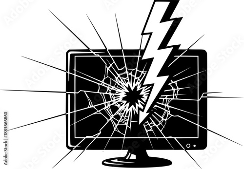 Broken monitor with lightning silhouette vector illustration
