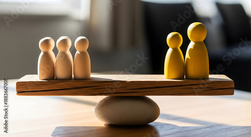 Imbalanced wooden seesaw with groups of wooden figures illustrating social inequality and unfair distribution of power or resources between minority and majority groups in indoor workspace setting