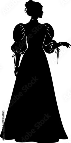 A silhouette of a woman wearing a long dress or gown with puffed sleeves isolated white background
