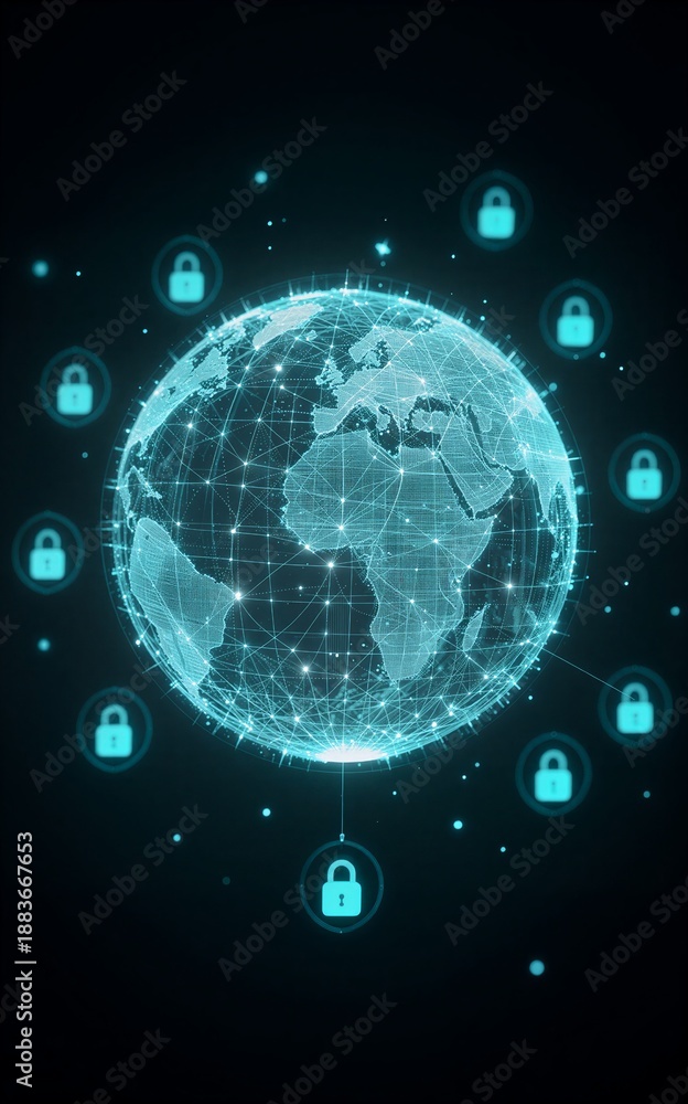 Obraz premium Global digital network secured by floating lock icons, futuristic cyber protection concept.