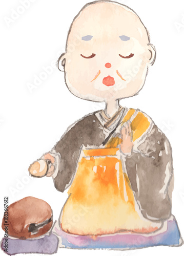 座ってお経を唱えながら木魚を叩く可愛いお坊さんのイラスト　ベクター