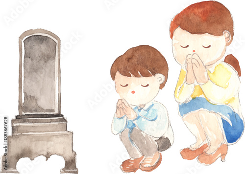 墓参りをしている親子の水彩イラスト　ベクター