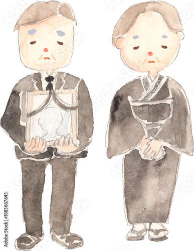 喪服を着て遺影を持つ男女の夫婦の水彩イラスト　ベクター