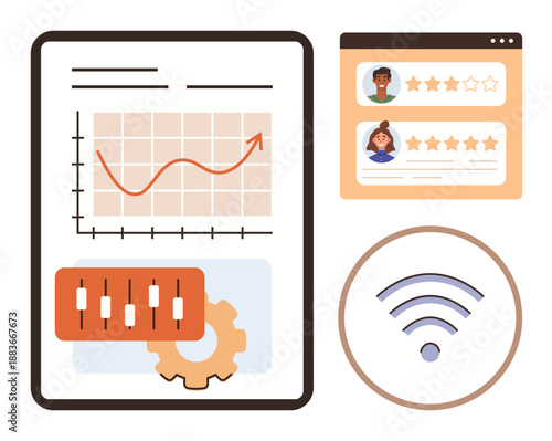 Business growth, customer feedback, digital connectivity, internet services, data management, analysis. Chart with rising trend, user reviews gear control settings and wireless symbol. Business
