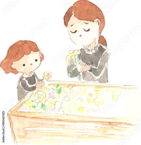 納棺　故人にお別れをする遺族の水彩イラスト　ベクター