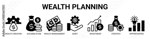 Wealth Planning web banner icon vector illustration concept with icon of wealth creation, wealth accumulation, wealth management, asset management, investment, investment strategy, and opportunities.