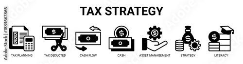 Tax Strategy web banner icon vector illustration concept with icon of tax planning, tax deducted, cash flow, cash management, asset management, investment strategy, and financial literacy.