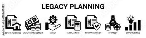 Legacy Planning web banner icon vector illustration concept with icon of estate planning, wealth management, asset management, tax planning, insurance policy, investment strategy, and opportunities.