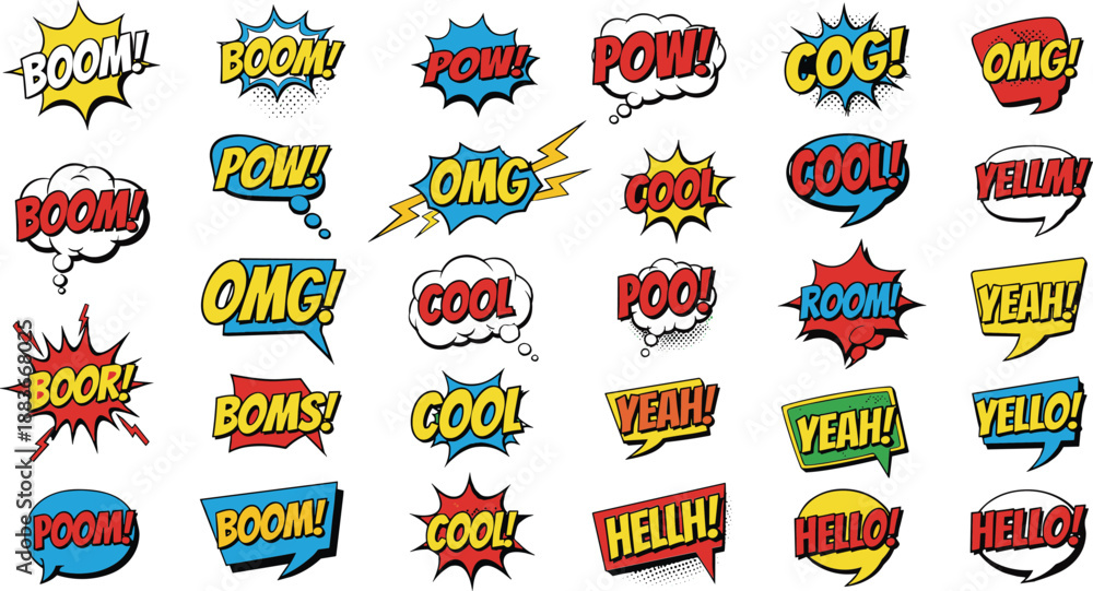Fototapeta premium Colorful comic book sound effect words like Boom, Pow, Cool for action scenes