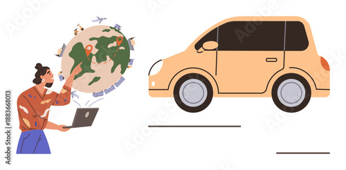 Travel planning, transportation, global navigation, booking systems, online platforms, road trips. Person managing routes on a globe with a laptop next to a car. Travel planning and transportation