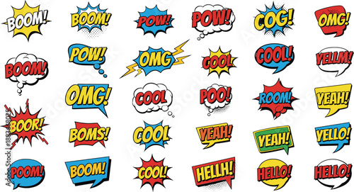 Colorful comic book sound effect words like Boom, Pow, Cool for action scenes