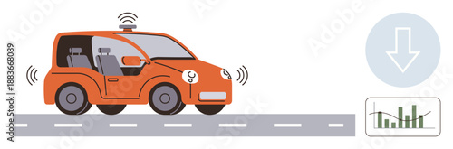 Autonomous vehicles, technology innovation, data analysis, transportation future, smart systems, road safety. Orange self-driving car with signal waves. Autonomous vehicles and technology innovation