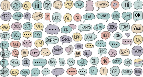 Doodle-style speech bubbles with various short words and expressions for comics