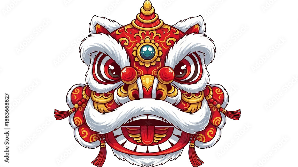 Fototapeta premium Traditional Chinese lion dance head costume with vibrant red and gold details and white fur trim.