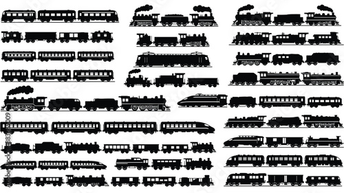 Silhouette collection of diverse train types, from steam engines to high-speed rail