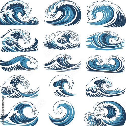 Stylized Blue Ocean Waves - Marine Nature Illustration Set