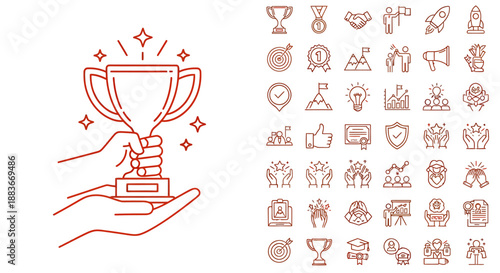 Hand holding a trophy cup with award and achievement icons set.