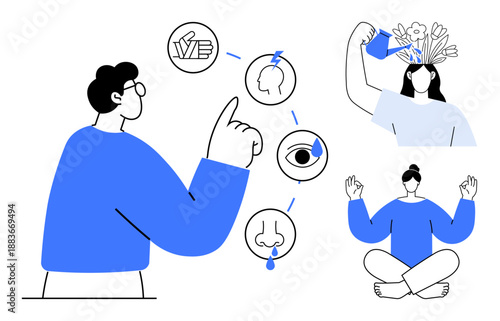 Wellness, mindfulness, mental health, sensory perception, self-care, relaxation. Person pointing at sensory icons, woman with flowers meditating figure. Wellness and mindfulness