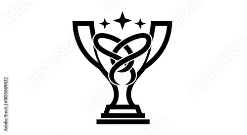 Black and white trophy cup with intertwined rings and stars symbolizing achievement and celebration.