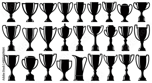 Collection of various black silhouette trophy cup icons representing awards and achievements.