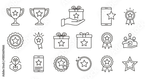 Set of various award and achievement icons including trophies, stars, ribbons, and medals.