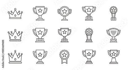 Set of various crown and trophy line icons representing achievement and victory.