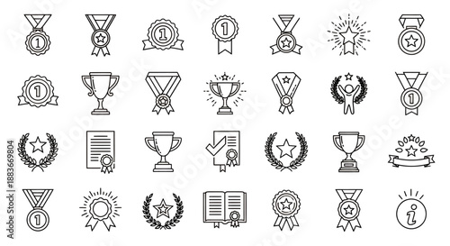 Set of various award and achievement icons including medals trophies and certificates.