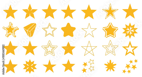Collection of various star shapes and designs in yellow and orange colors.