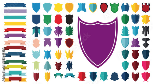 Collection of colorful shield and ribbon vector icons for design and decoration.