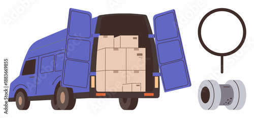 Logistics, delivery services, cargo management, transport, e-commerce shipping, freight operations. Van with open doors and boxes inside alongside circular cargo tools. Logistics and delivery