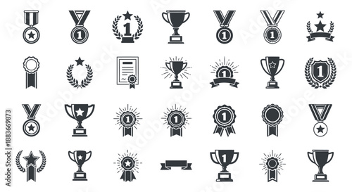 Collection of various black and white award and medal icons representing achievement and excellence.