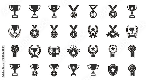 Set of various black trophy and medal icons representing awards and achievements.