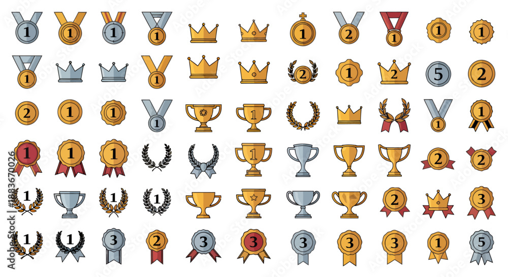 Fototapeta premium Collection of various gold, silver, and bronze medals, trophies, crowns, and award icons.