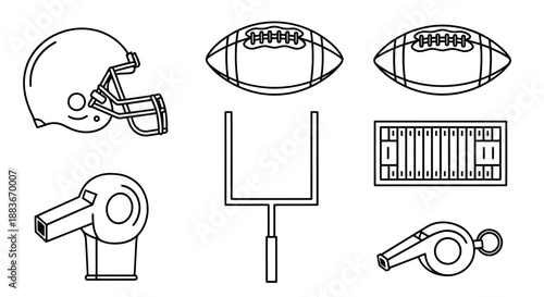 Black and white line art icons of American football equipment and field elements.