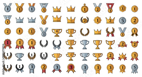 Collection of various gold, silver, and bronze medals, trophies, crowns, and award icons.