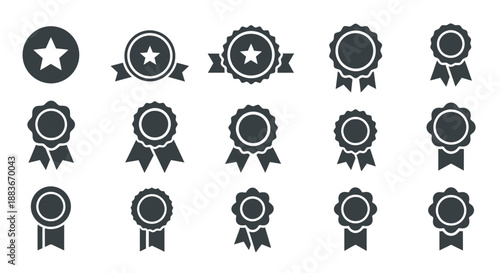 Set of various black award ribbons and badges with stars and ribbons.