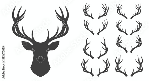 Set of various stylized deer head silhouettes with different antler shapes and sizes.