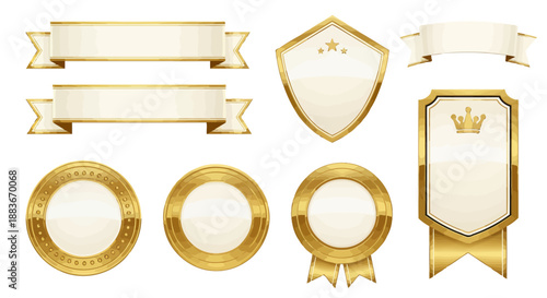 Set of golden decorative ribbons, badges, and circular frames with elegant design.