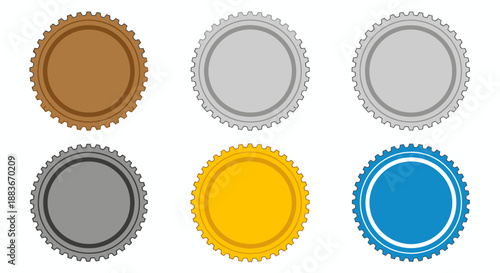 Set of six colorful bottle caps isolated on white background.