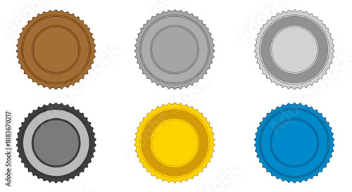 Set of six colorful round bottle caps with ridged edges.