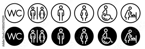 Toilet line icon set with symbols for man, woman, mother with baby and disabled person in wheelchair. Outline vector illustration for restroom signs, WC labels, public facilities design.