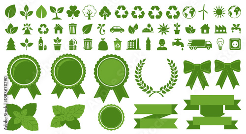 Green eco friendly icons and symbols representing sustainability and environmental conservation.