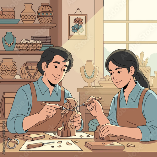 Artisans crafting jewelry and sculptures in a workshop