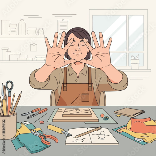 Artist's hands framing creative workspace with art supplies