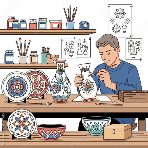 Artist painting ceramic vase in studio, creative hobby, decorative pottery