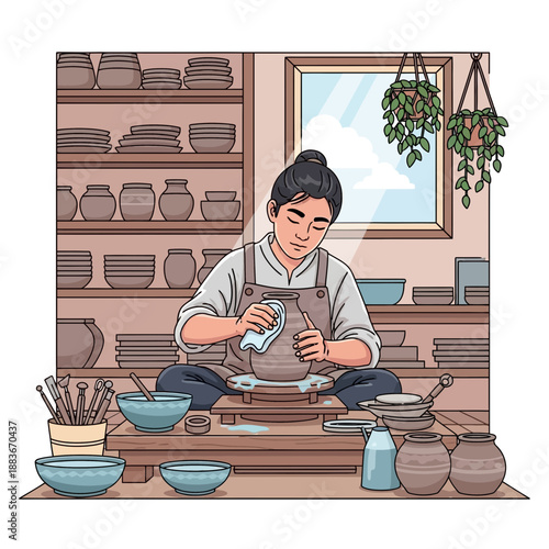 Artist shaping clay on pottery wheel, surrounded by handmade ceramics