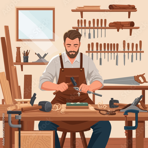 Bearded carpenter working with chisel on wood in workshop