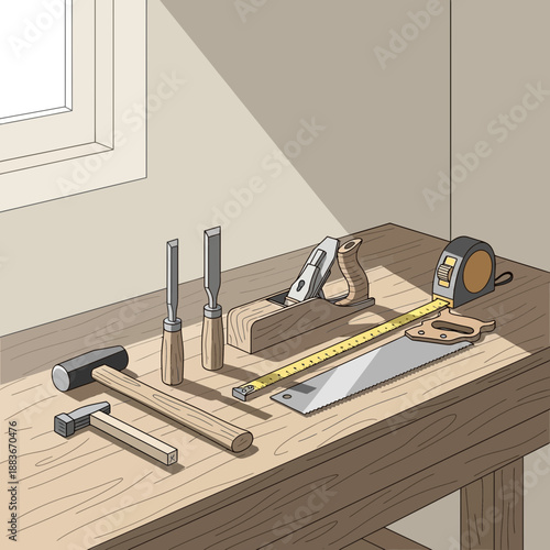 Carpentry tools arranged on a wooden workbench, bathed in sunlight from a nearby window.